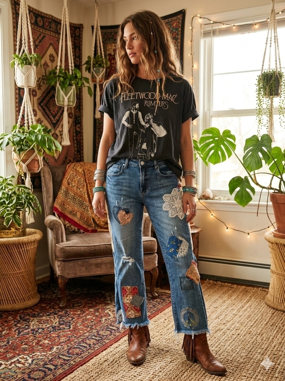 OOAK Boho Patchwork CROPPED FRINGED JEAN SZ 8-14